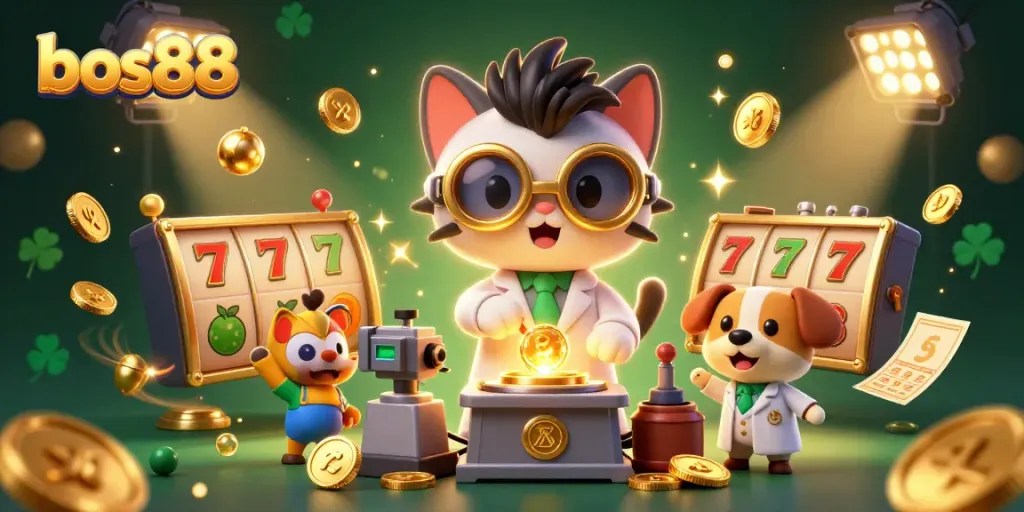 Experience thrilling wins at bos88 with a dynamic 3D casino scene featuring slots and gold coins.