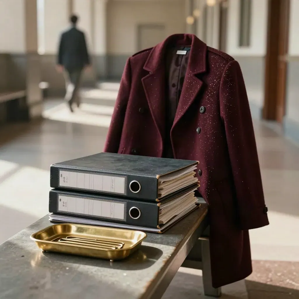 Courthouse bench with file binder, brass tray and rain-specked coat in a dim corridor.