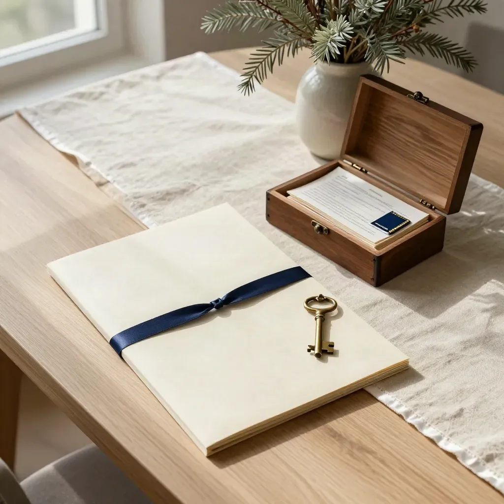 Overhead estate planning still life with a will folder, brass key, cedar box and winter greenery on linen.