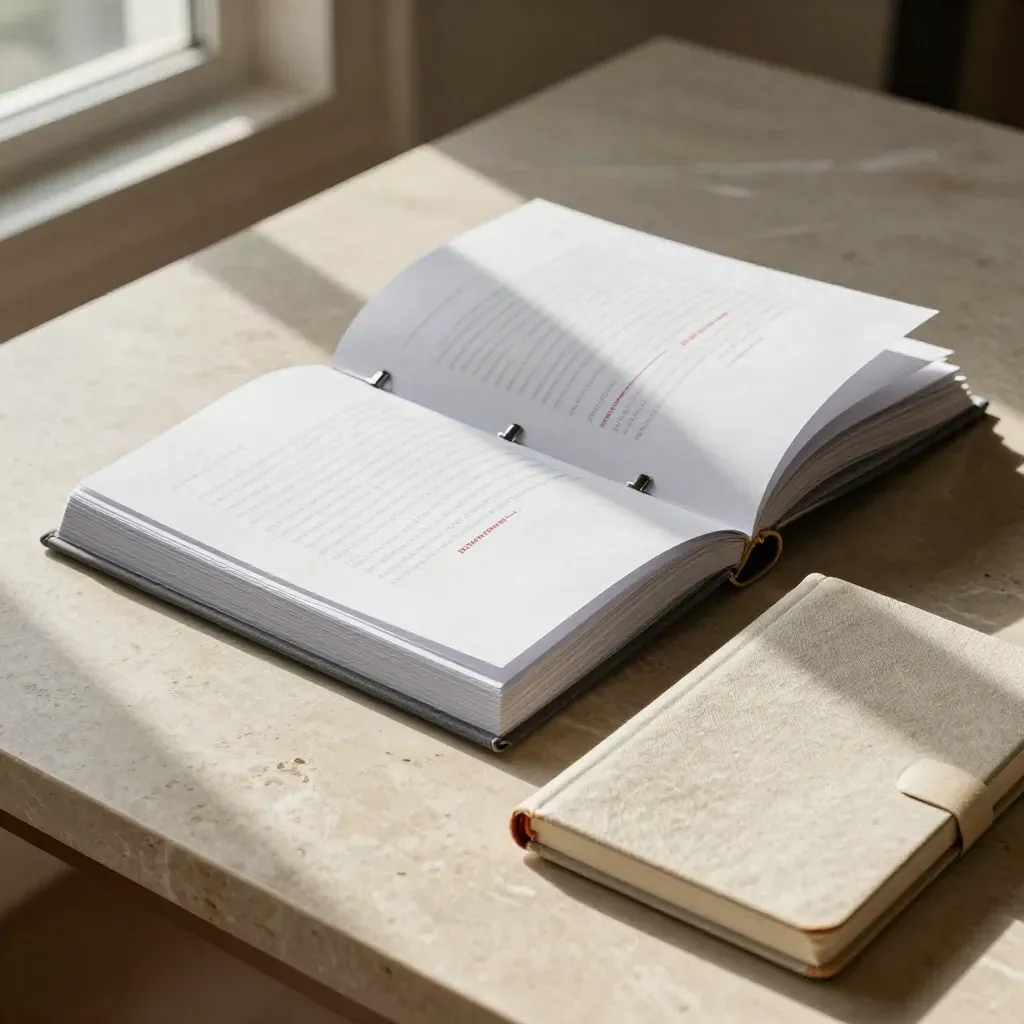 Overhead legal agreement bundle with silver tabs and a linen notebook on pale stone.