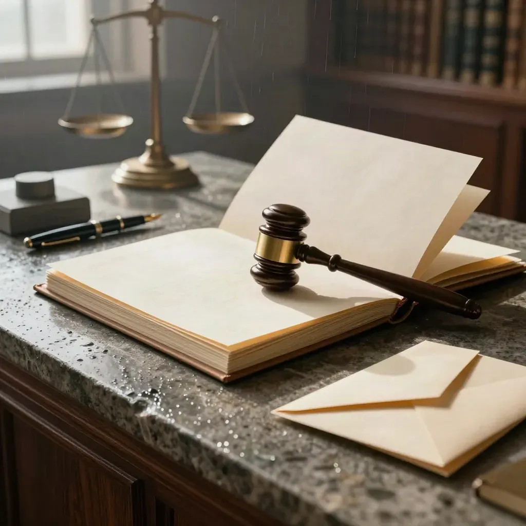 Rainy courthouse legal still life with case file, gavel, pen, envelopes, and scales