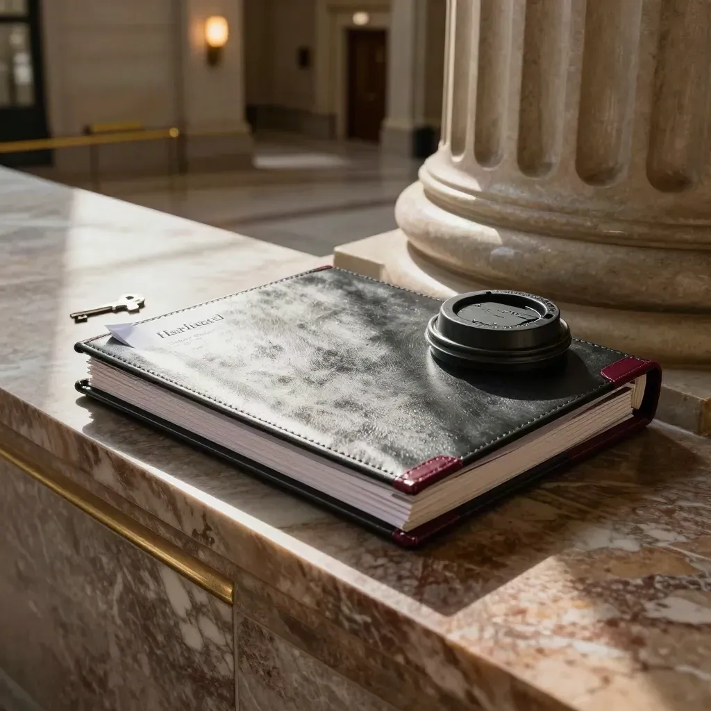 Courthouse ledge with case binder, turned cards, and coffee lid in a bright atrium corridor.