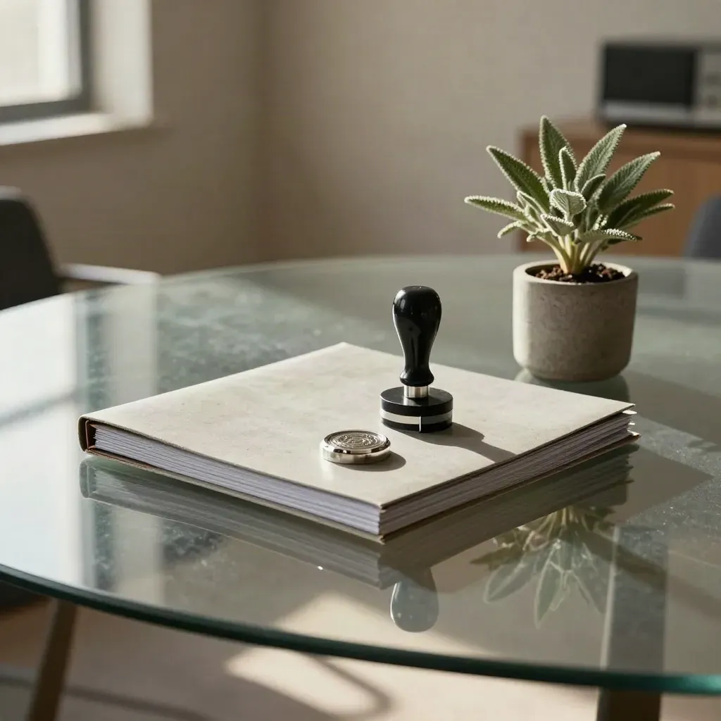 Glass meeting table with incorporation folder, stamp, company seal, and small plant in early evening light.