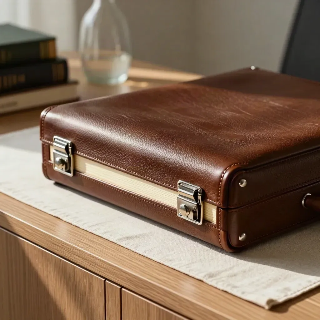 Leather briefcase with clipped legal papers on a walnut credenza in dawn light