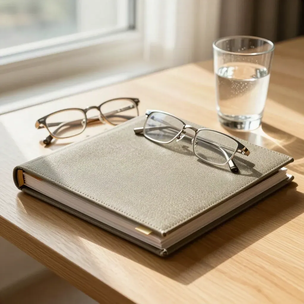 Hearing binder, folded spectacles, and water glass on a hotel desk in morning light.