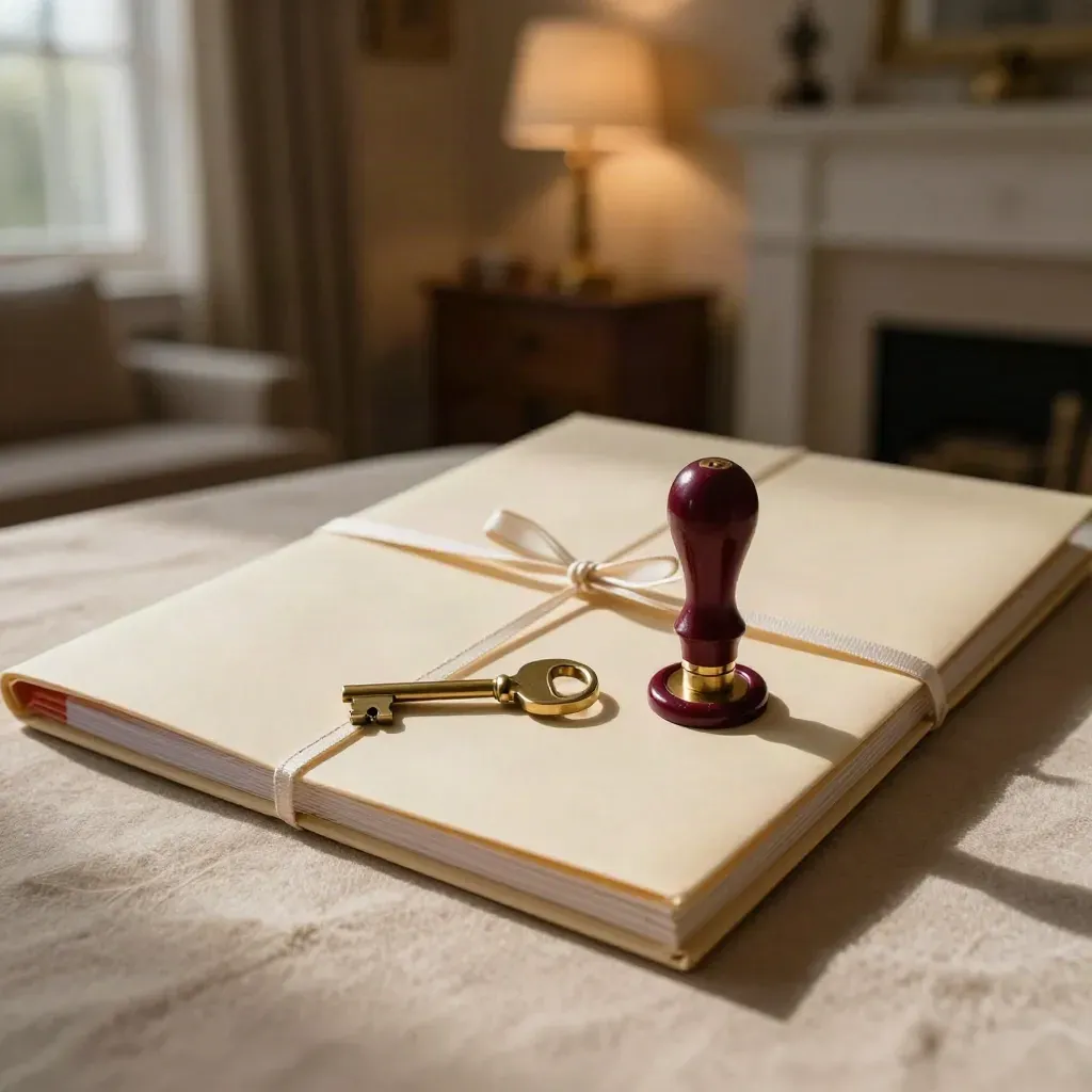 Estate folder, wax seal block, house key and tied will packet on wool in warm dusk light.
