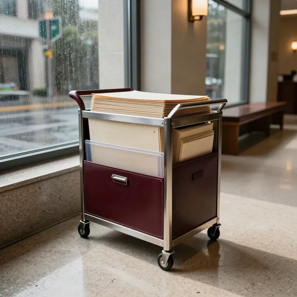 Low legal folder cart by courthouse window with rain on glass and stone benches
