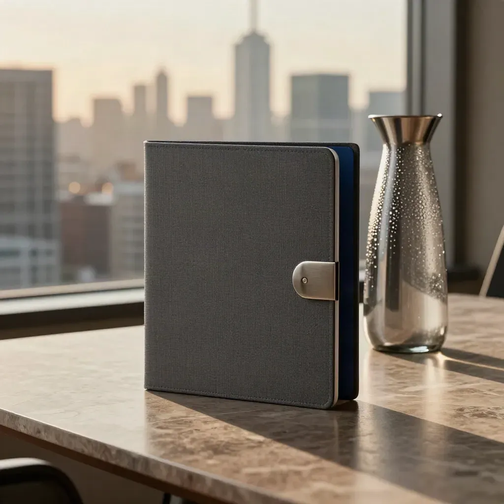 Legal folder and steel water carafe on a high-rise table at sunset.