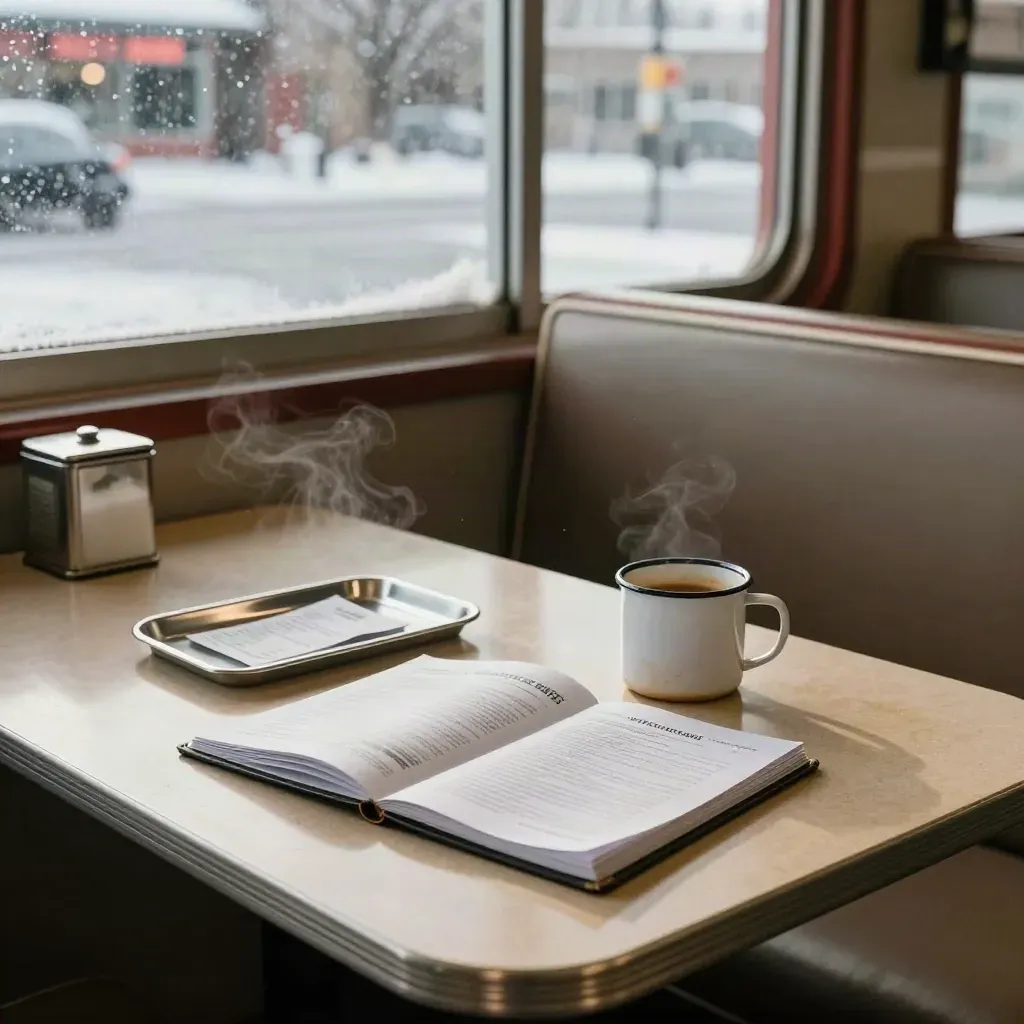 Snowy diner booth with open legal binder, receipt tray, and mug on a formica table.