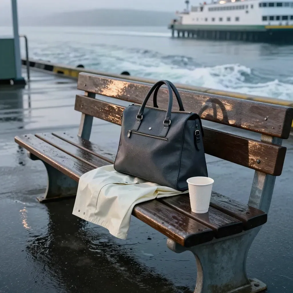 Rainy ferry terminal bench with satchel, rain shell, and cup in sea mist at blue hour