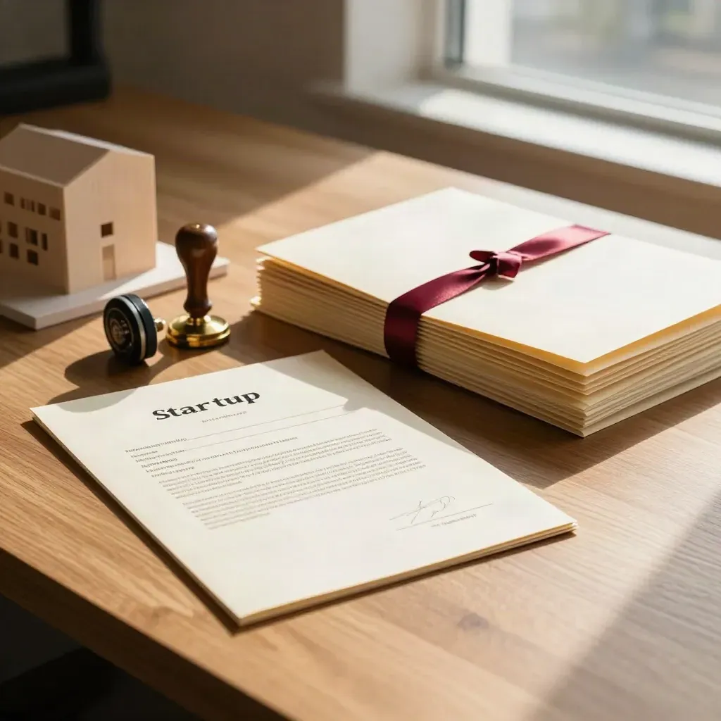 Legal incorporation kit on a desk with stamp, seal, folders and model block by a window.