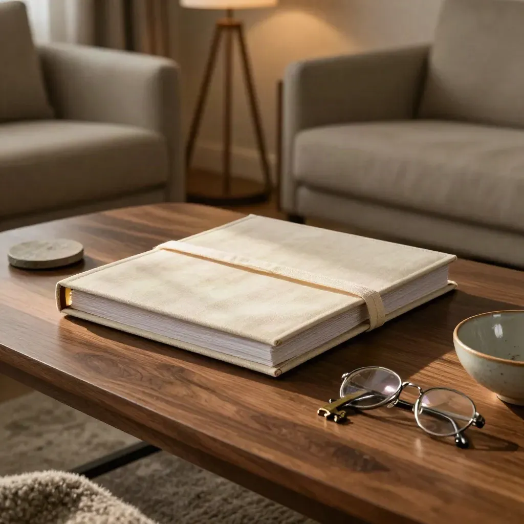 Will binder, key, glasses, and bowl on a sofa-height coffee table in warm lamp light.