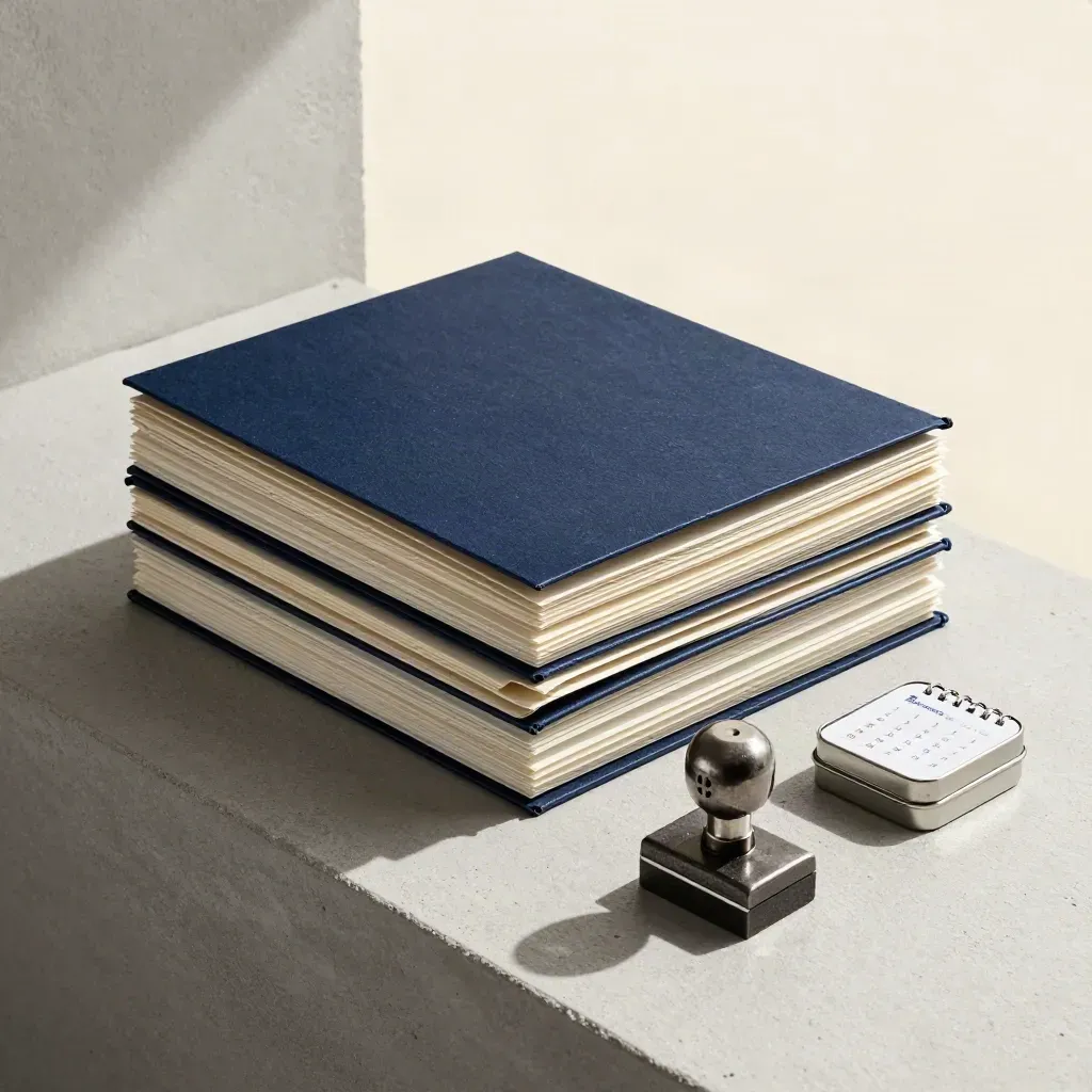 Overhead legal folders, date stamp, calendar block, and paperclip tin on a concrete ledge