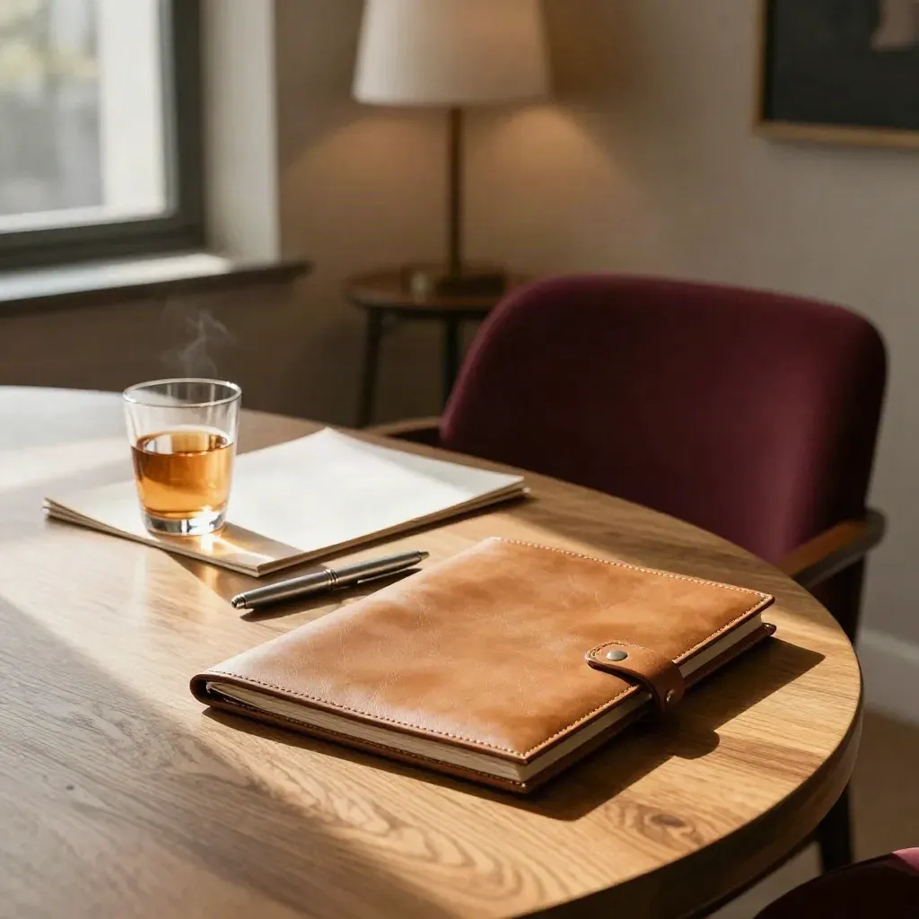 Law consultation room with portfolio, folder, water glass, and pen on a round table.