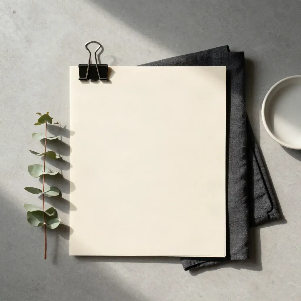 Silver binder clip on a cream legal folder with cloth, dish, and eucalyptus on pale concrete.