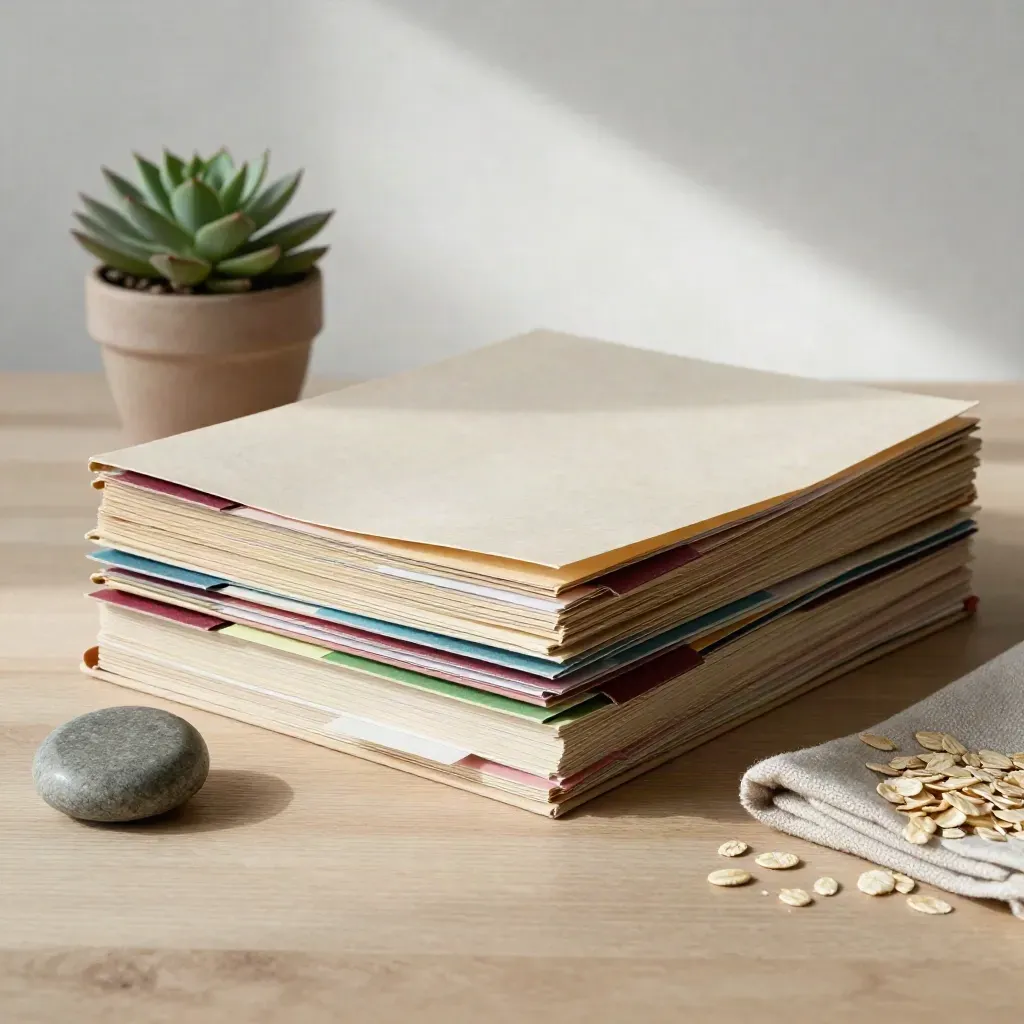 Stacked case files with tabs, stone weight, and succulent on pale wood
