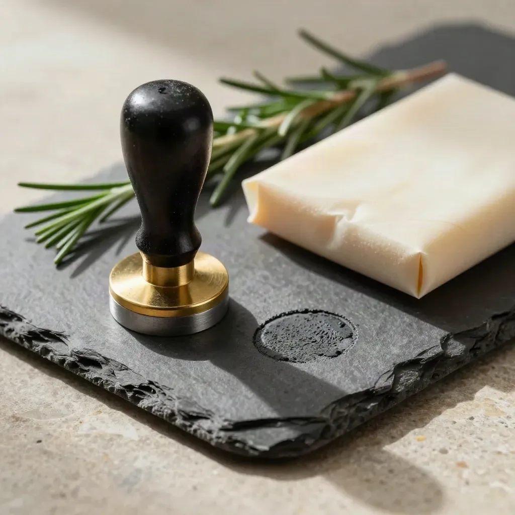 Brass seal, rubber stamp, and incorporation packet on a slate tray with rosemary