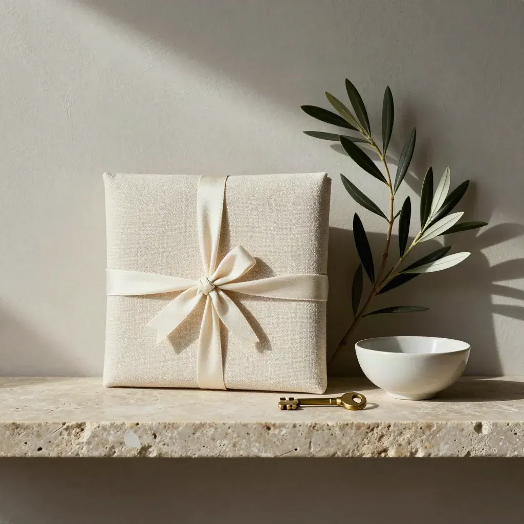 Ribbon-tied estate folder with key, bowl, and branch on a stone shelf.