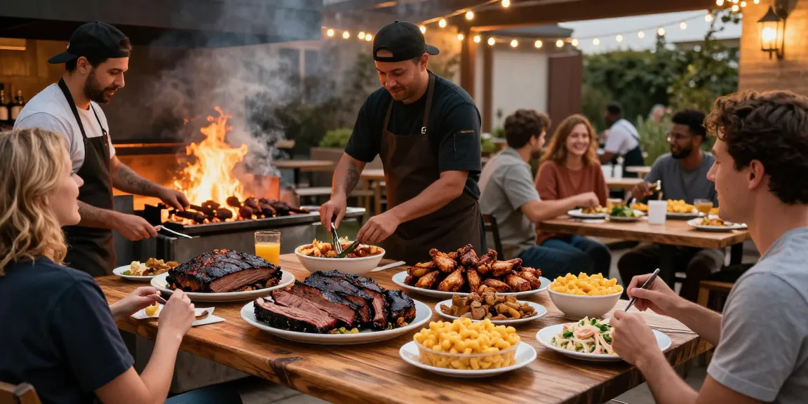 Experience Calgary's best food franchise Alberta with a lively BBQ dinner scene showcasing smoked meats and joyful diners.