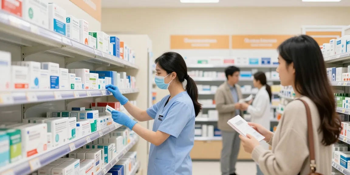 Customer selecting medical products supply in a well-lit healthcare store