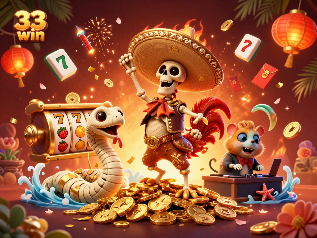 Celebrate your 33 win with vibrant casino characters and dynamic game elements in this thrilling illustration.