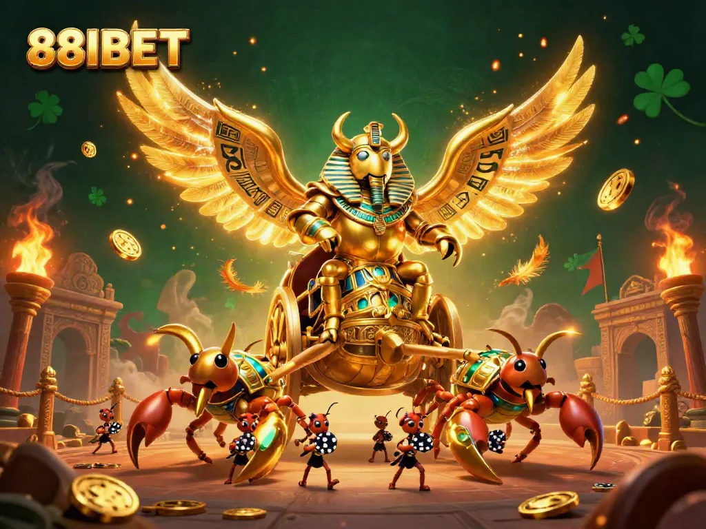 Experience the dynamic world of 88IBET as a colossal scarab beetle rides into battle on a chariot amidst swirling golden effects.
