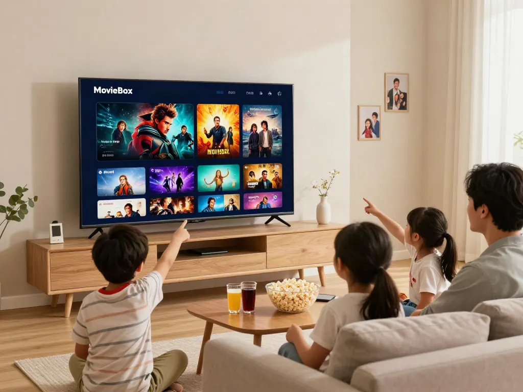 Family enjoying a movie night using the Movie Box app download on a smart TV.