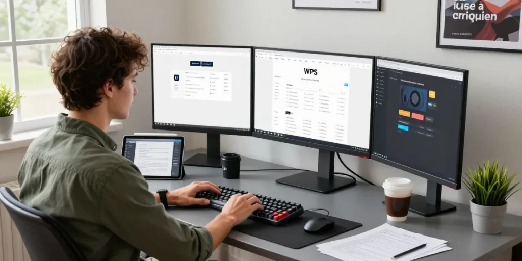 Introducing the WPS Official Website on a productive workspace with multiple monitors and a focused user.